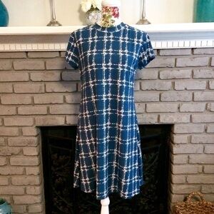 Teal Blue Green Abstract Grid Swing Sheath Dress